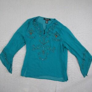 Donna Cody Petite Silk Beaded Blouse Teal Green Embroidered V-Neck Top PM